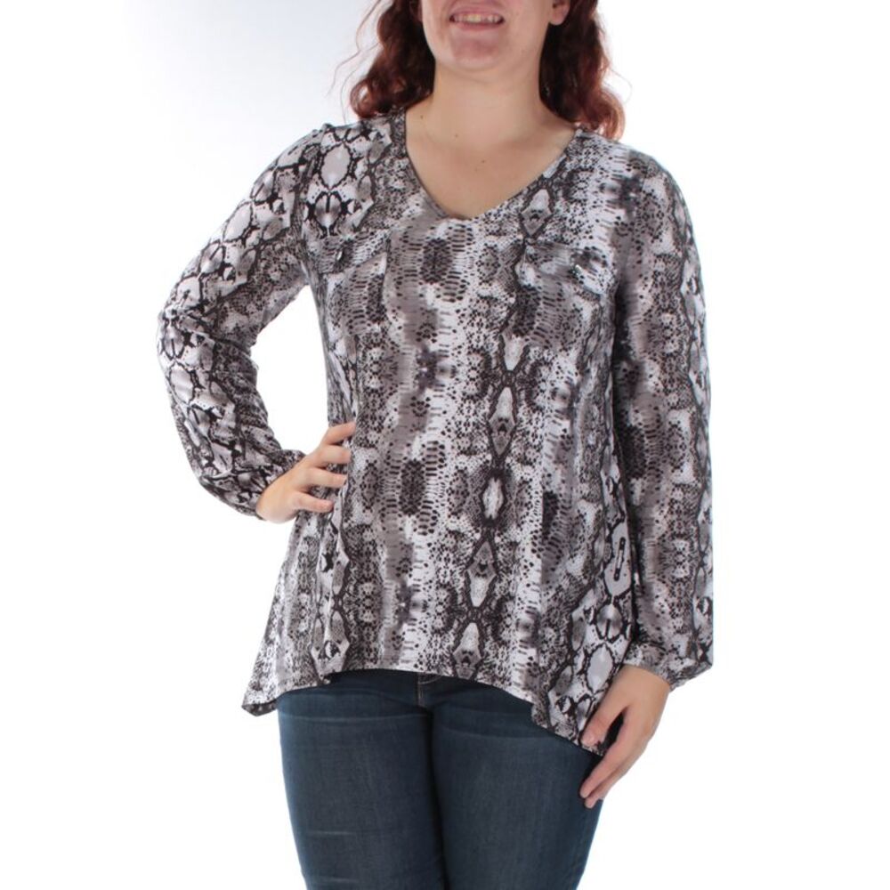 INC Womens Gray Pocketed Animal Print Long Sleeve V Neck Trapeze Top Size: XS